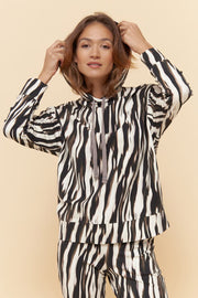 Frontalbild von Kapuzen-Sweatshirt im Zebra-Druck Animalprint Hoodie Bio-Baumwolle/Elasthan