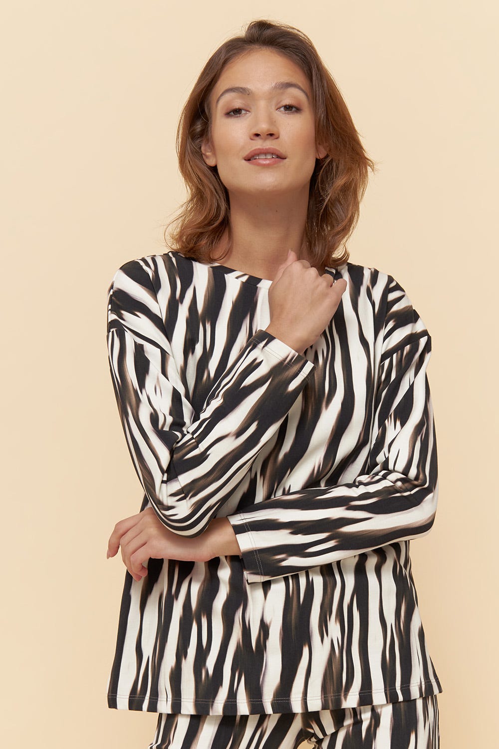 Frontalbild von Sweatshirt im Zebra-Druck Animalprint Rundhals Bio-Baumwolle/Elasthan