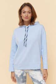 Frontalbild von Sweatshirt mit Stickerei "thanks" Blau Kapuze Hoodie Bio-Baumwolle/Elasthan