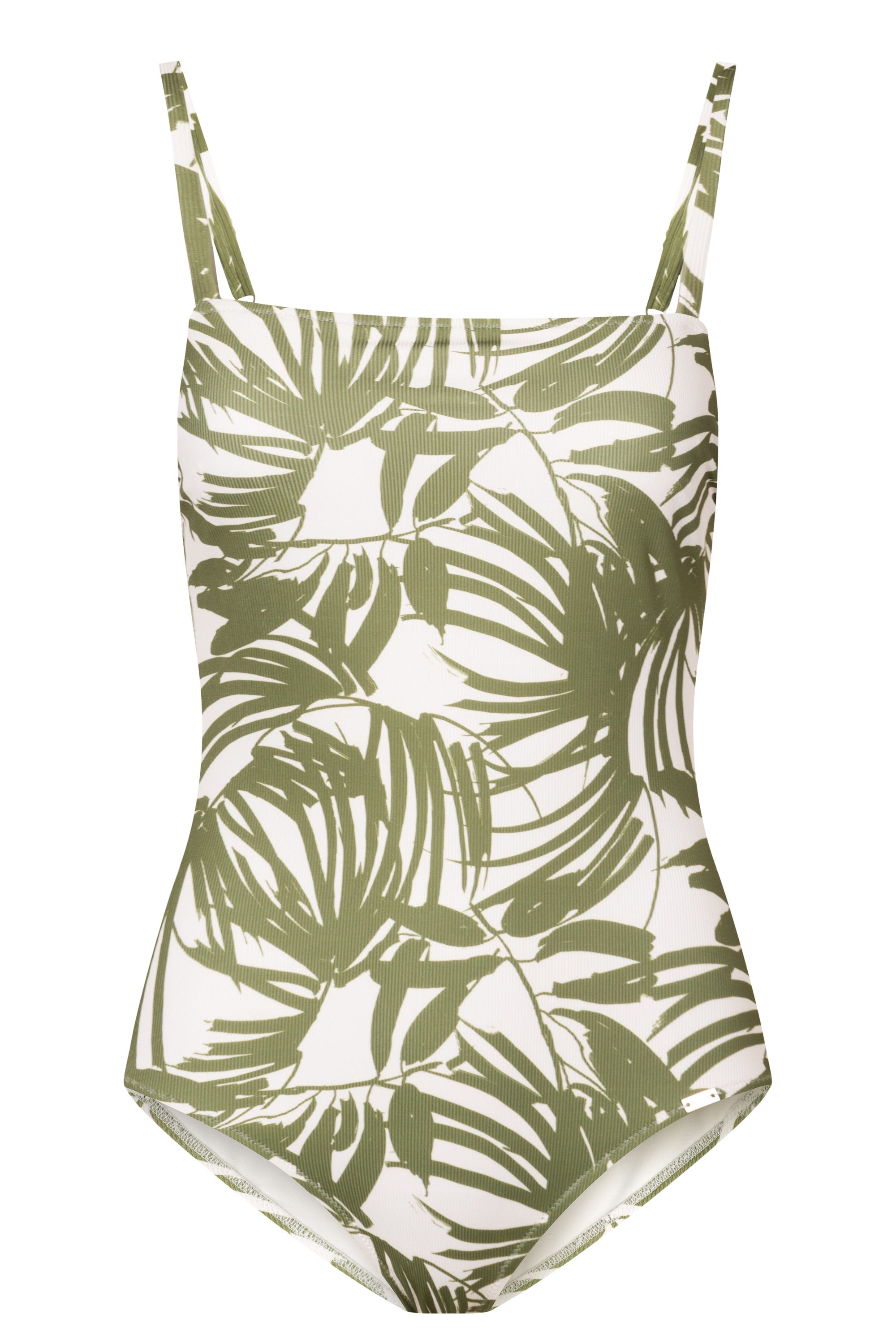 Hollowbild von Badeanzug im Palmendruck Rippstruktur Grün-Weiß Lycra