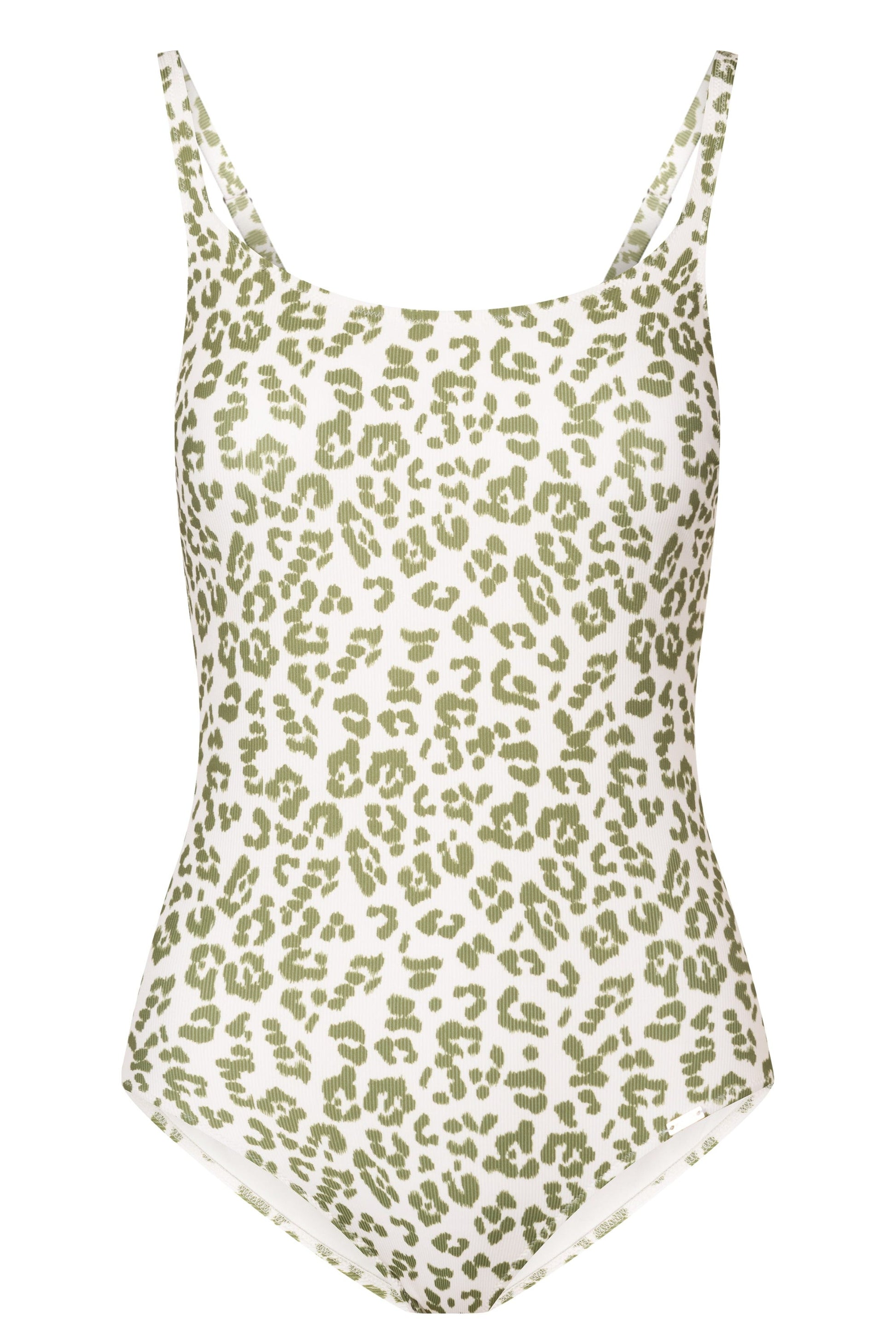 Hollowbild von Badeanzug im Leo-Druck Grün-Weiß Rippstruktur Animalprint Lycra