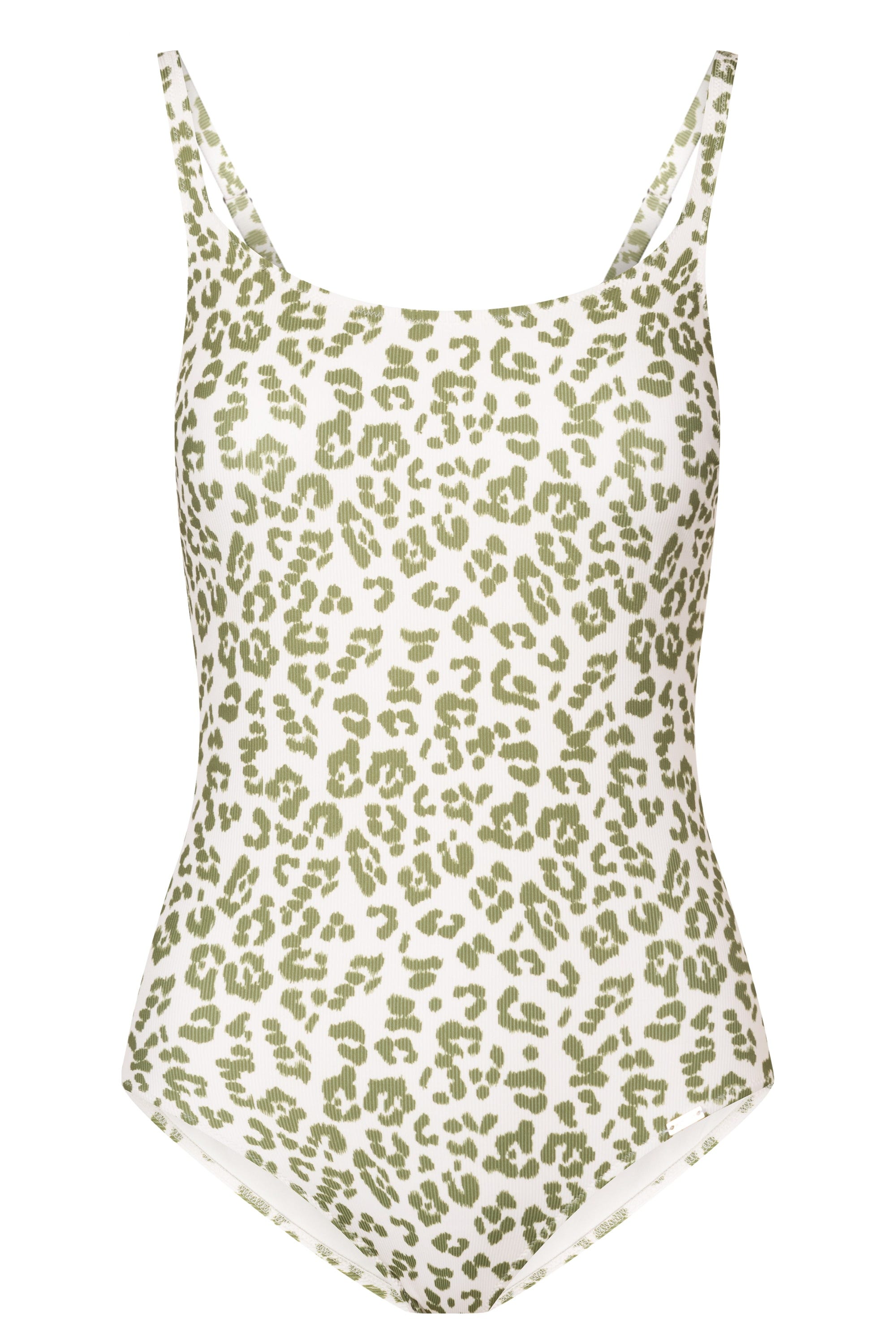 Hollowbild von Badeanzug im Leo-Druck Grün-Weiß Rippstruktur Animalprint Lycra