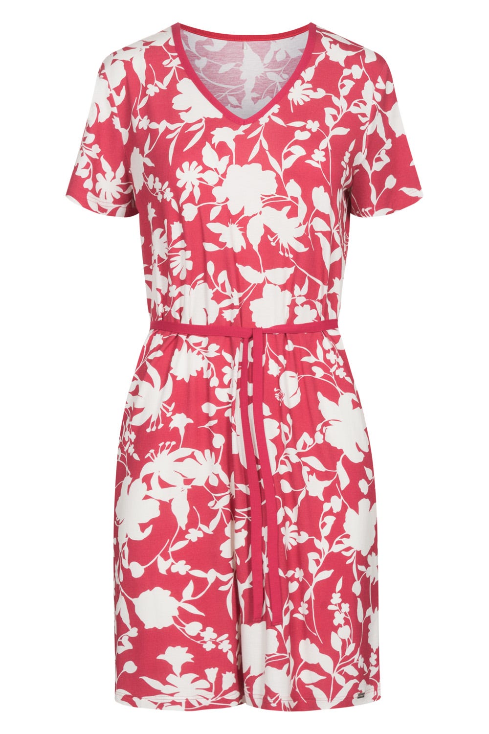 Hollowbild von Strandkleid kurzarm im Blumendruck Creme-Kirsche Bindegürtel verspielt Viskose/Elasthan