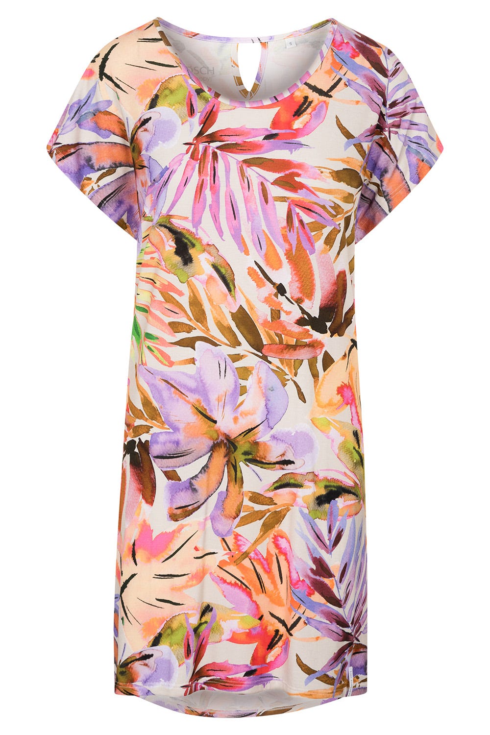 Hollowbild von Nachthemd im fröhlichen Blätter-Druck Bunt Rundhals Sommer Viskose/Elasthan