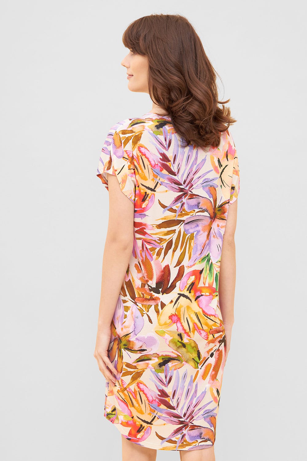 Rückansicht von Nachthemd im fröhlichen Blätter-Druck Bunt Rundhals Sommer Viskose/Elasthan