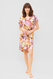 Frontalbild von Nachthemd im fröhlichen Blätter-Druck Bunt Rundhals Sommer Viskose/Elasthan