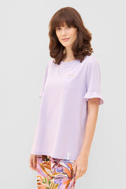 Frontalbild von T-Shirt mit Volants und Stickerei "summer" Mix & Match Viskose/Elasthan