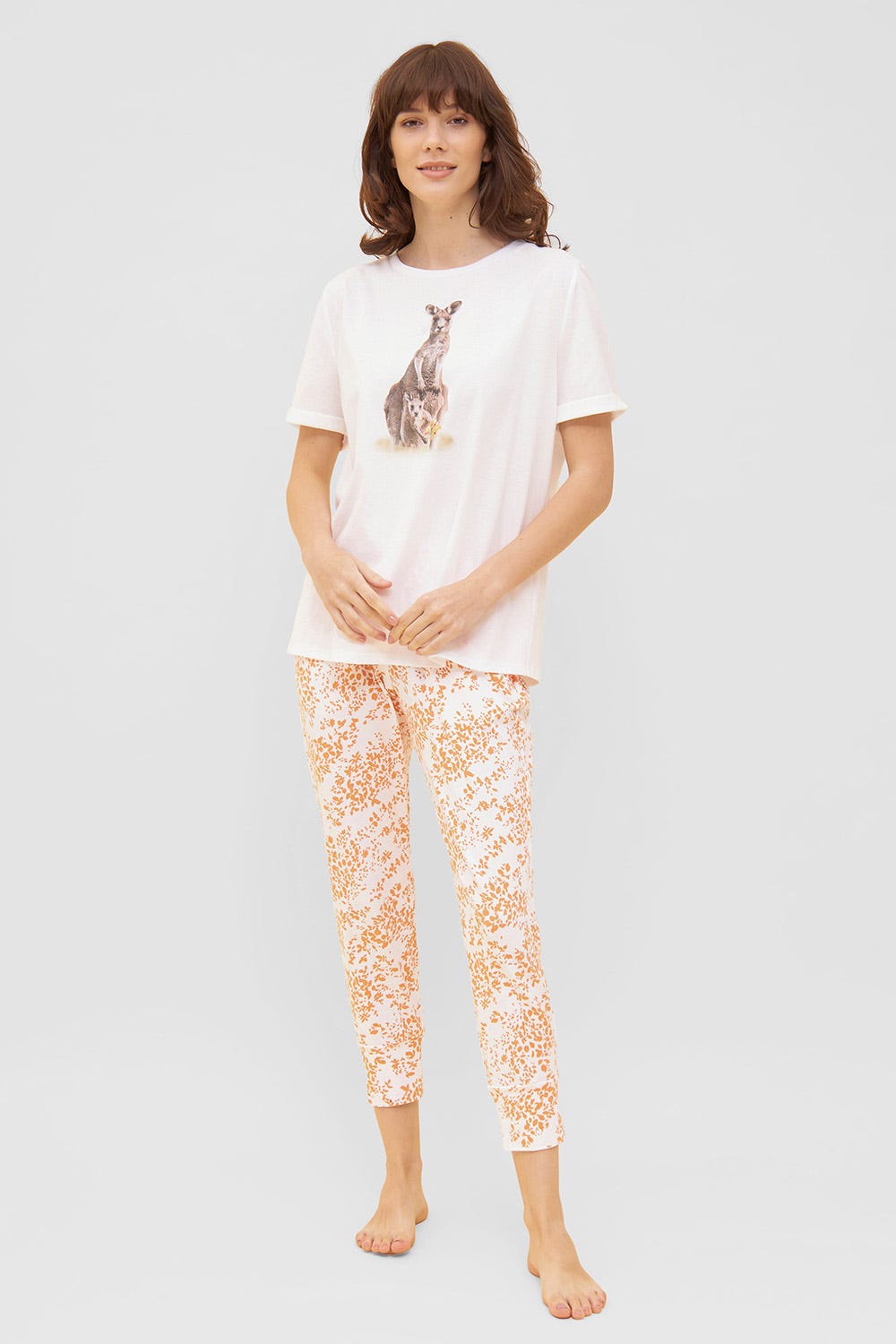 Detailbild 1 von 7/8-Hose im Blümchen-Design Orange Schmal Mix & Match Baumwolle/Elasthan