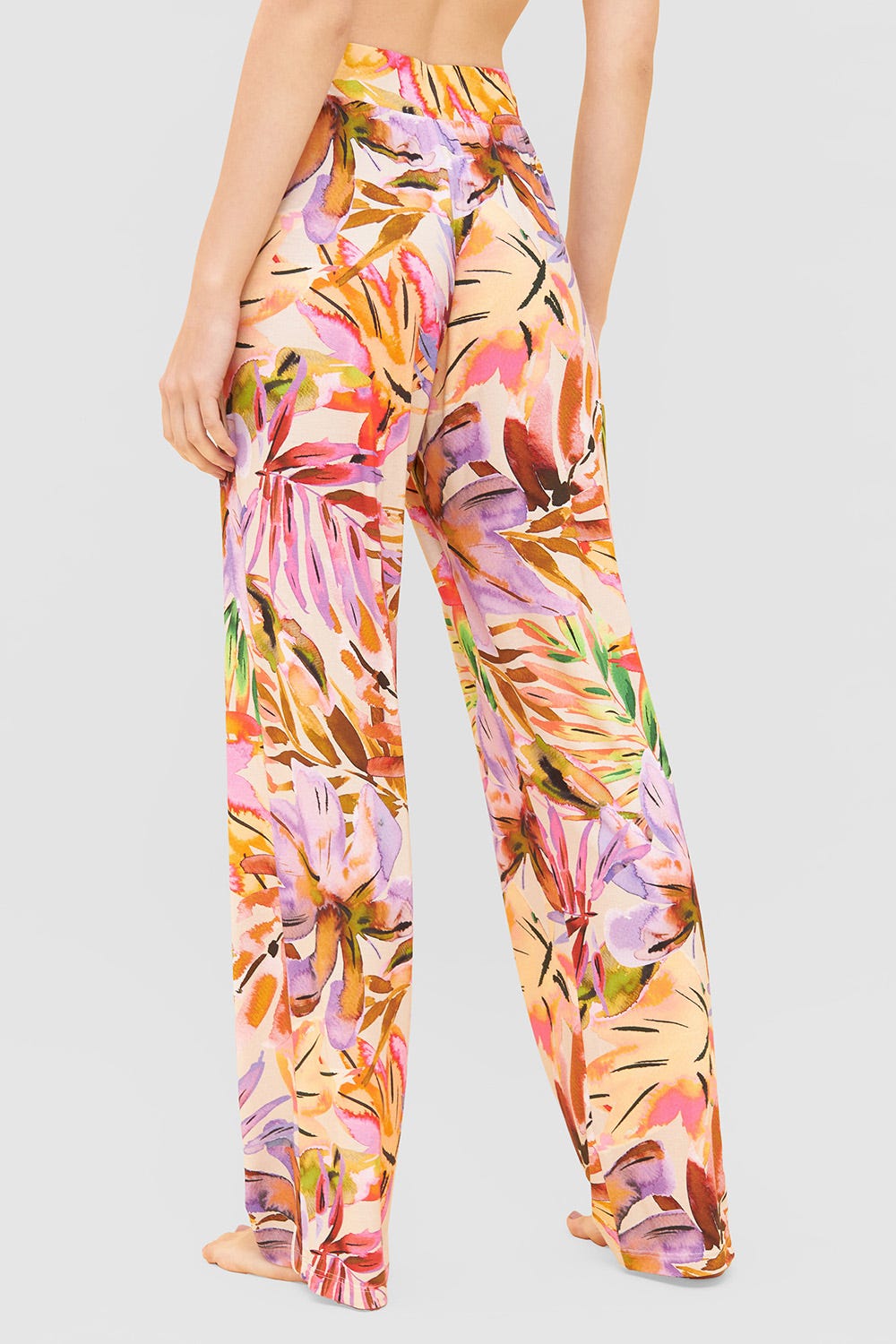 Rückansicht von Lange Hose im fröhlichen Blätter-Druck Sommer Bunt Viskose/Elasthan