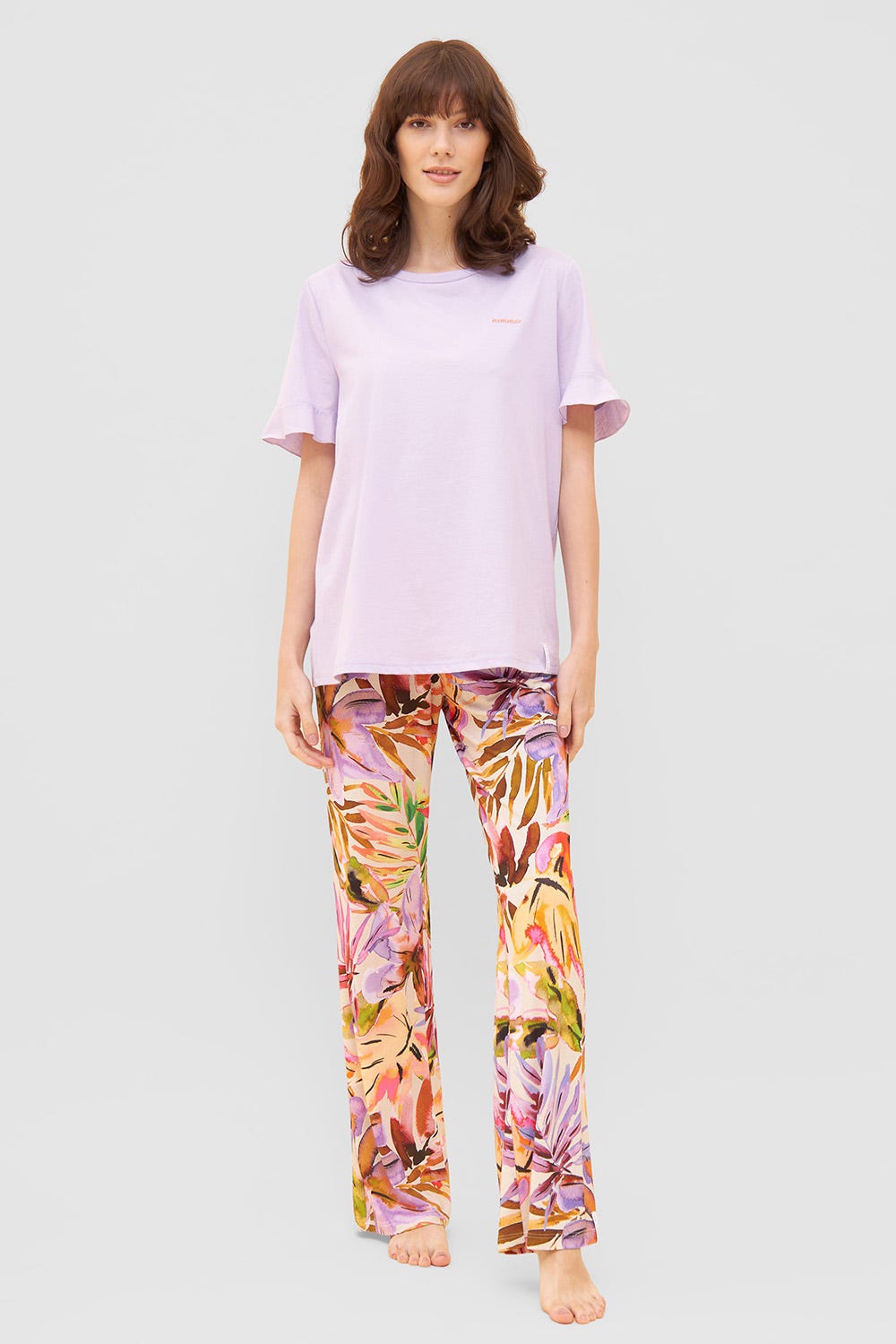 Detailbild 1 von Lange Hose im fröhlichen Blätter-Druck Sommer Bunt Viskose/Elasthan