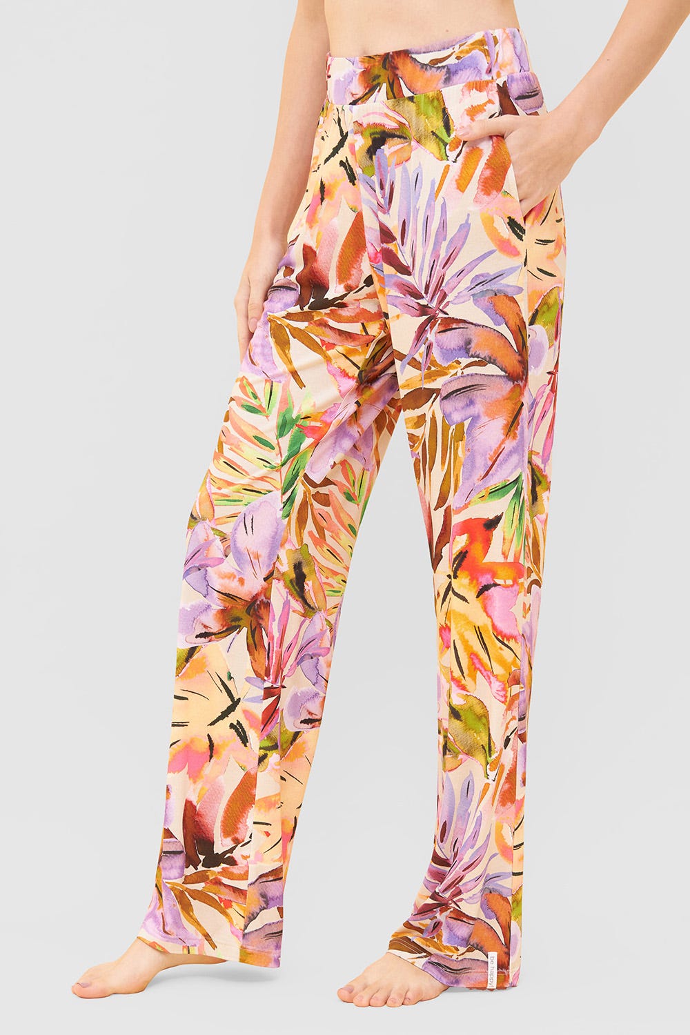 Frontalbild von Lange Hose im fröhlichen Blätter-Druck Sommer Bunt Viskose/Elasthan