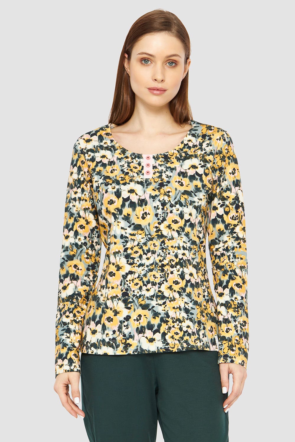 Frontalbild von Shirt im gelben Blumenmuster Baumwolle/Elasthan