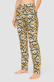 Frontalbild von Hose im gelben Blumenmuster Baumwolle/Elasthan