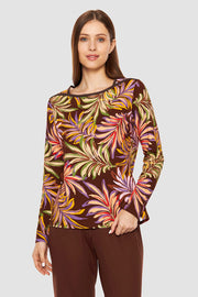 Frontalbild von Shirt im bunten Blätterdruck Braun Baumwolle/Elasthan