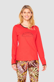 Frontalbild von Shirt mit Schriftzug Rot Braun 100% Baumwolle