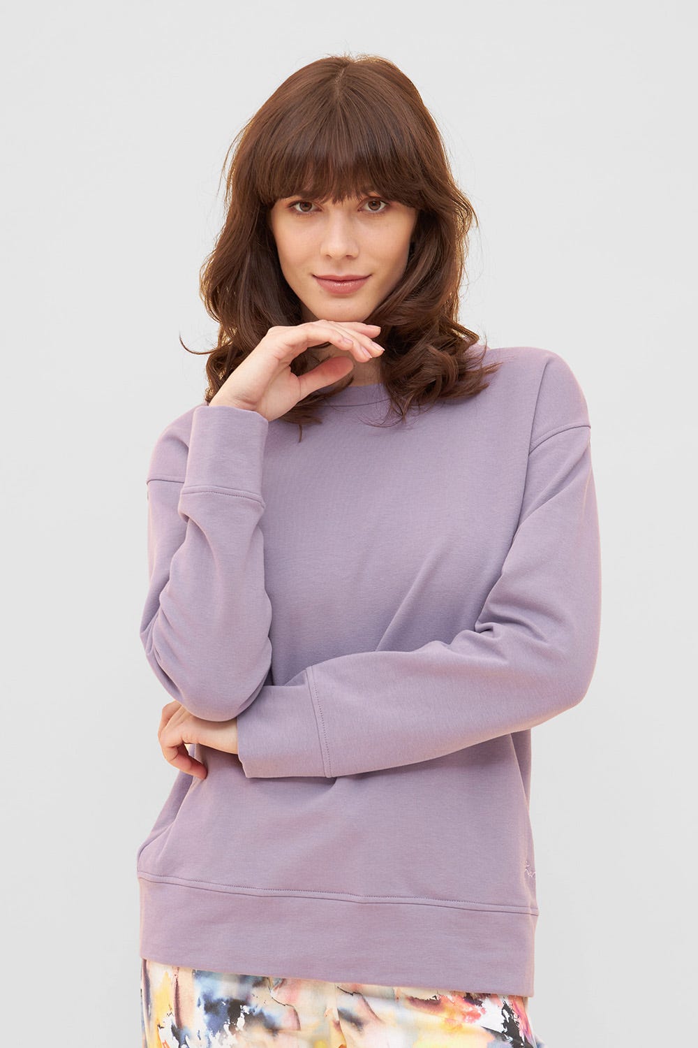 Frontalbild von Sweatshirt mit Stickerei "thanks" Flieder Mix & Match Baumwolle/Elasthan