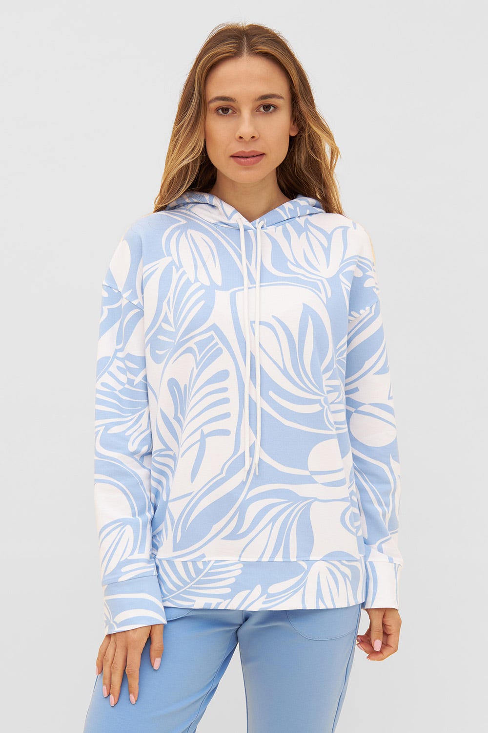 Frontalbild von Hoodie im grafischen Druck Hellblau Kapuzenpullover Baumwolle/Elasthan