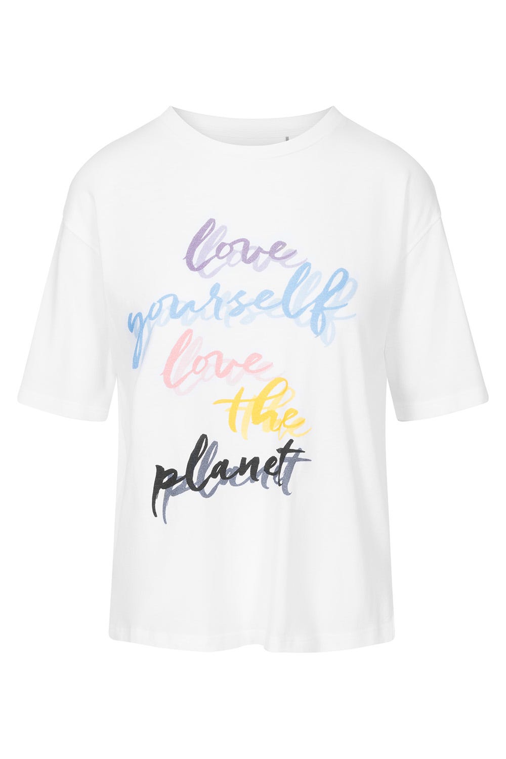 Hollowbild von T-Shirt mit Schriftzug "love yourself, love the planet" Halbarm Mix & Match Baumwolle/Elasthan