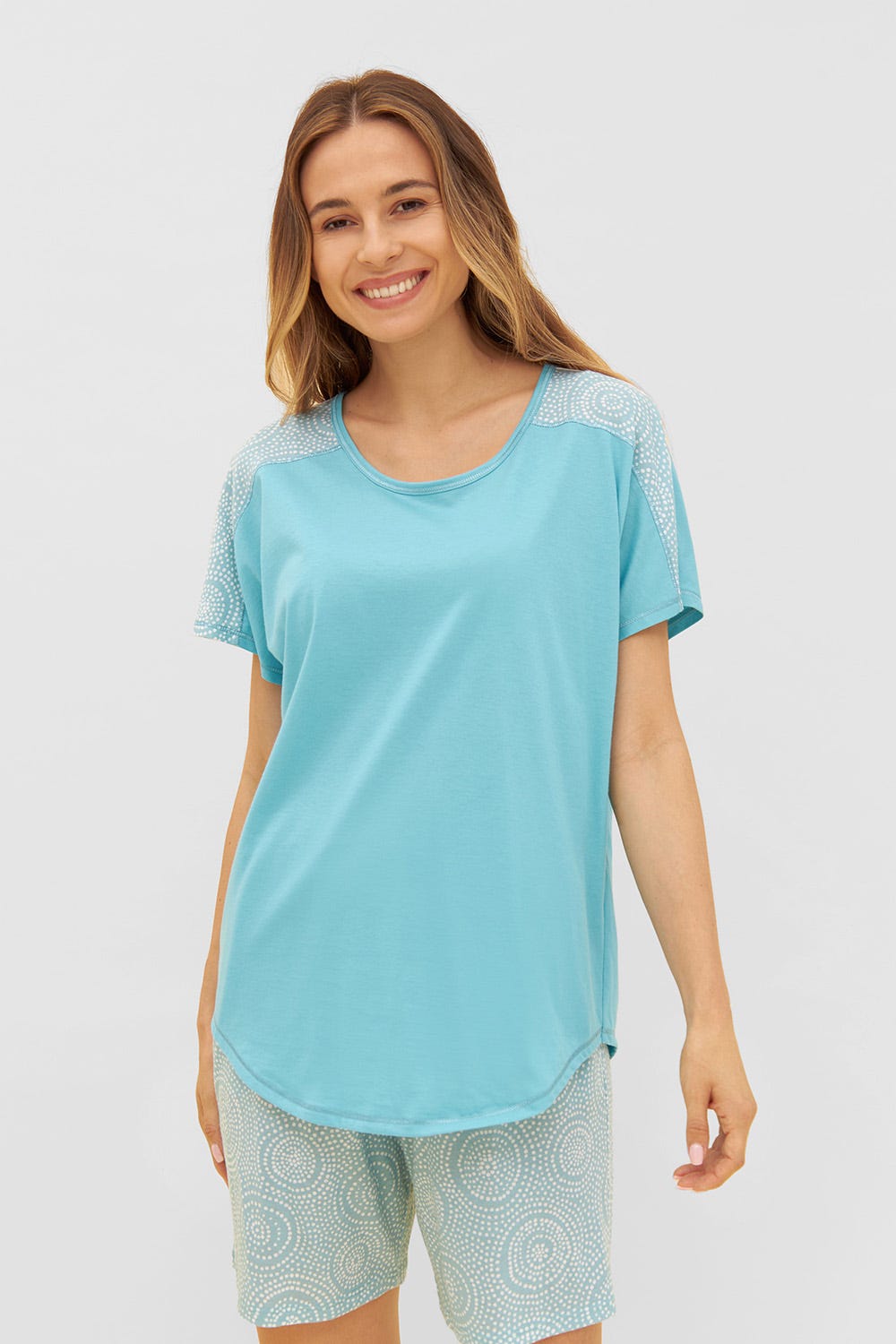 Frontalbild von T-Shirt mit Einsätzen im Punkte-Druck Rundhals Baumwolle/Modal