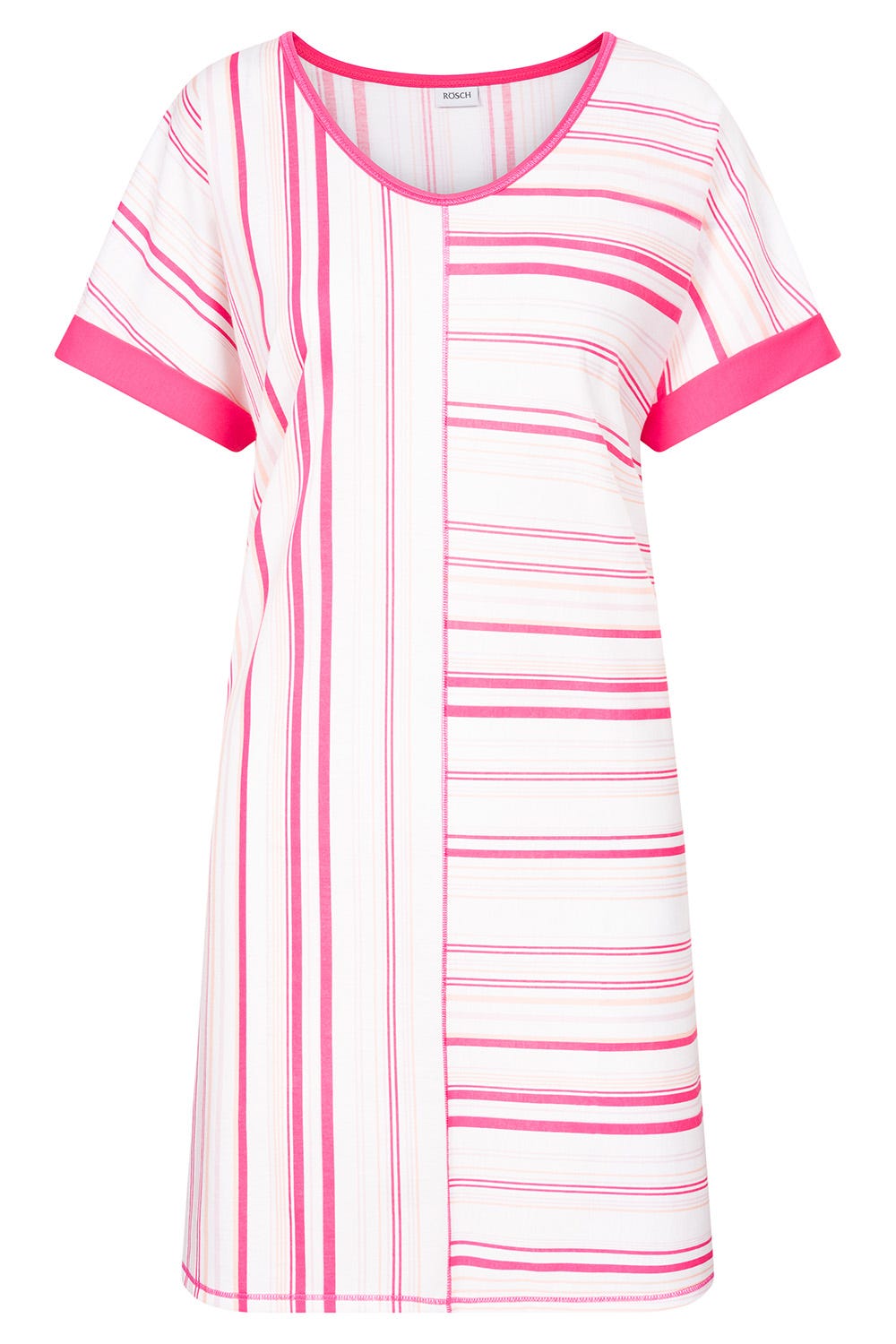 Hollowbild von Nachthemd im rosa Streifendruck V-Ausschnitt Ziernähte 100% Baumwolle