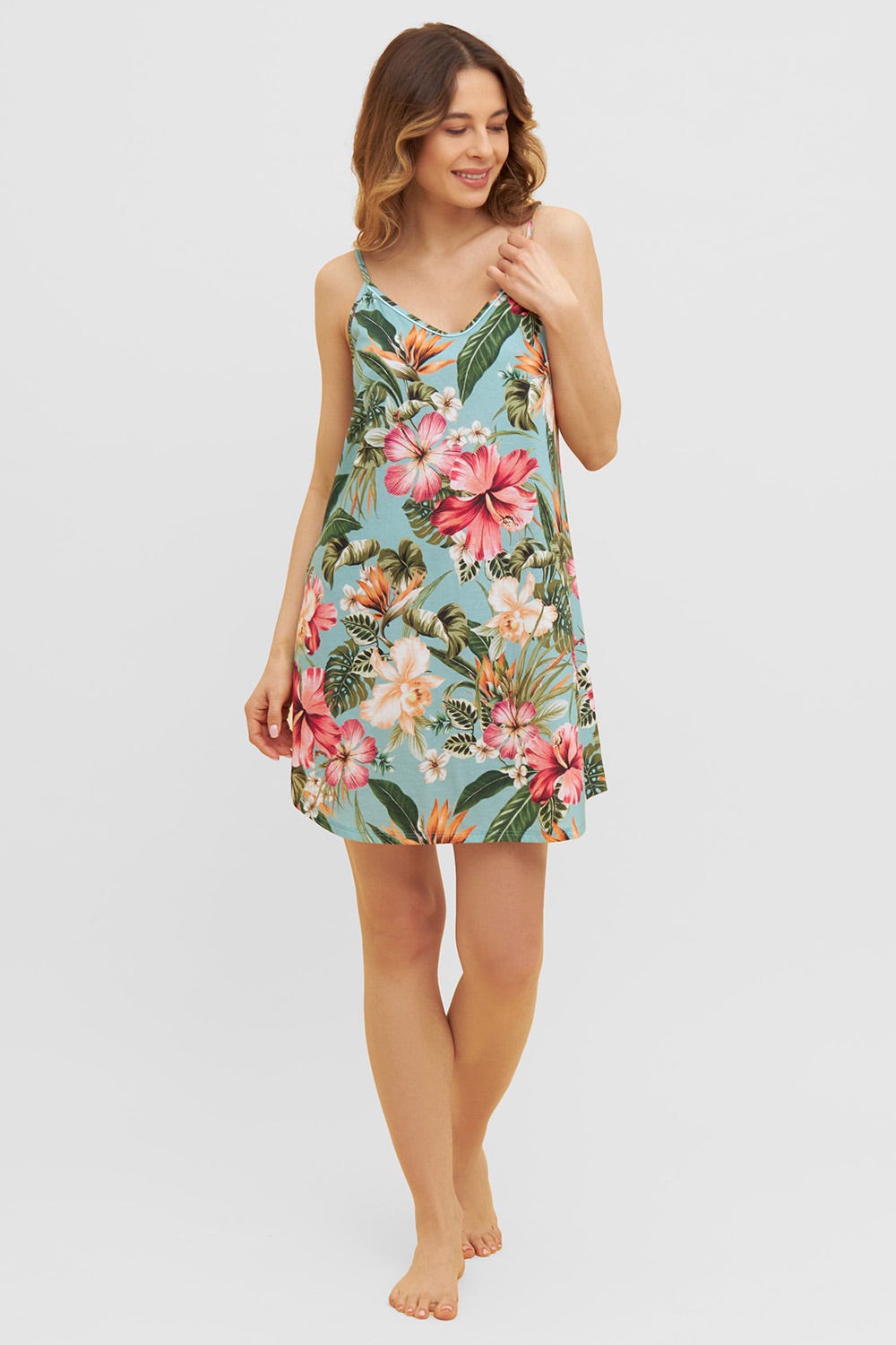 Frontalbild von Trägerkleid im tropischen Druck Spaghetti-Träger Baumwolle/Modal