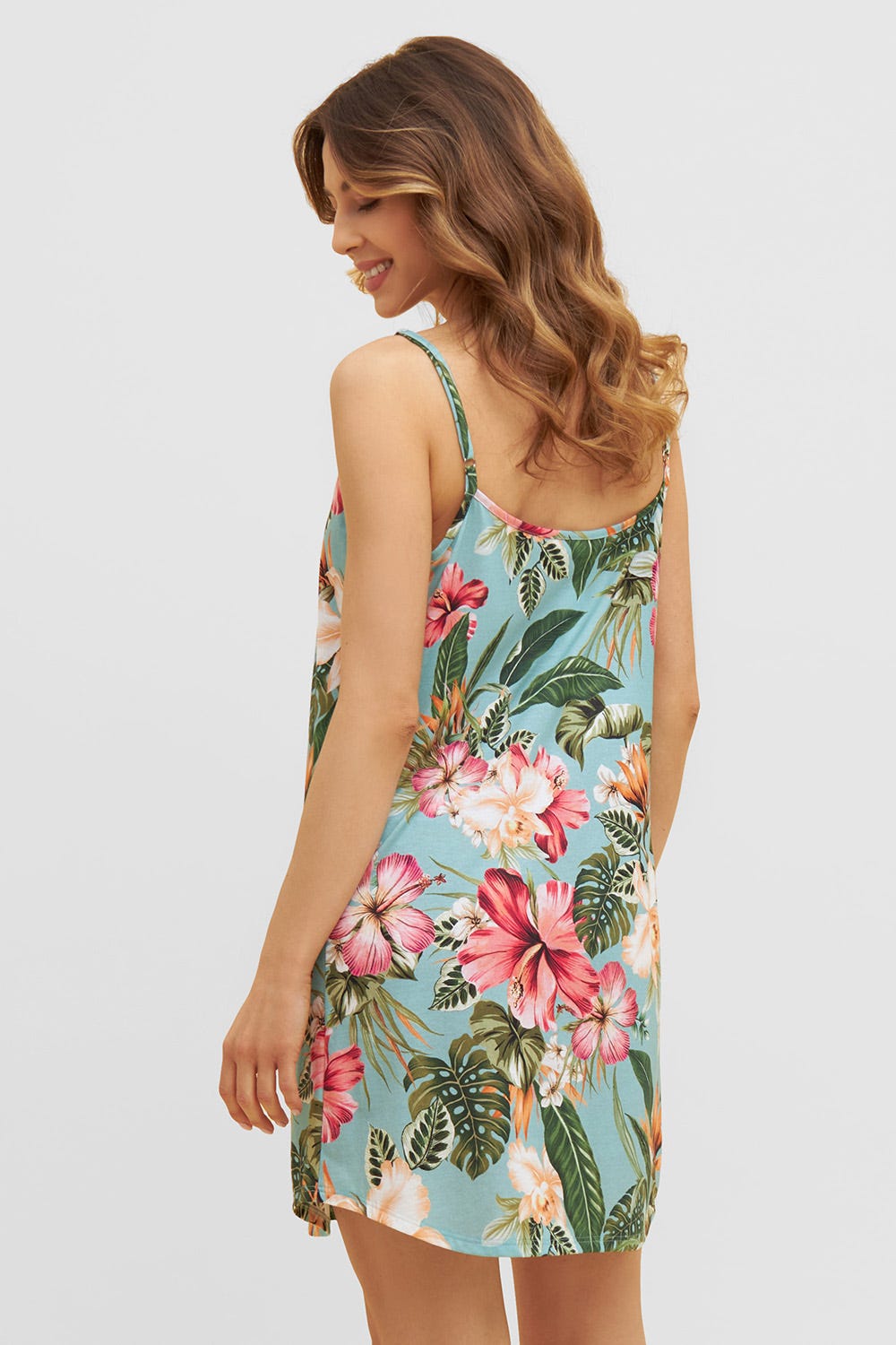 Rückansicht von Trägerkleid im tropischen Druck Spaghetti-Träger Baumwolle/Modal