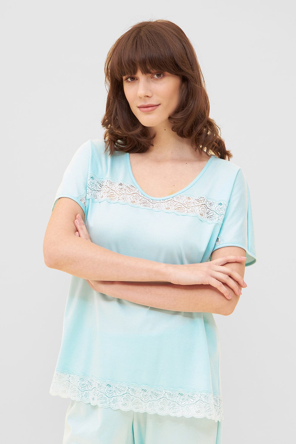 Detailbild 1 von Pyjama mit feinen Spitzendetails Uni Elegant 100% Baumwolle