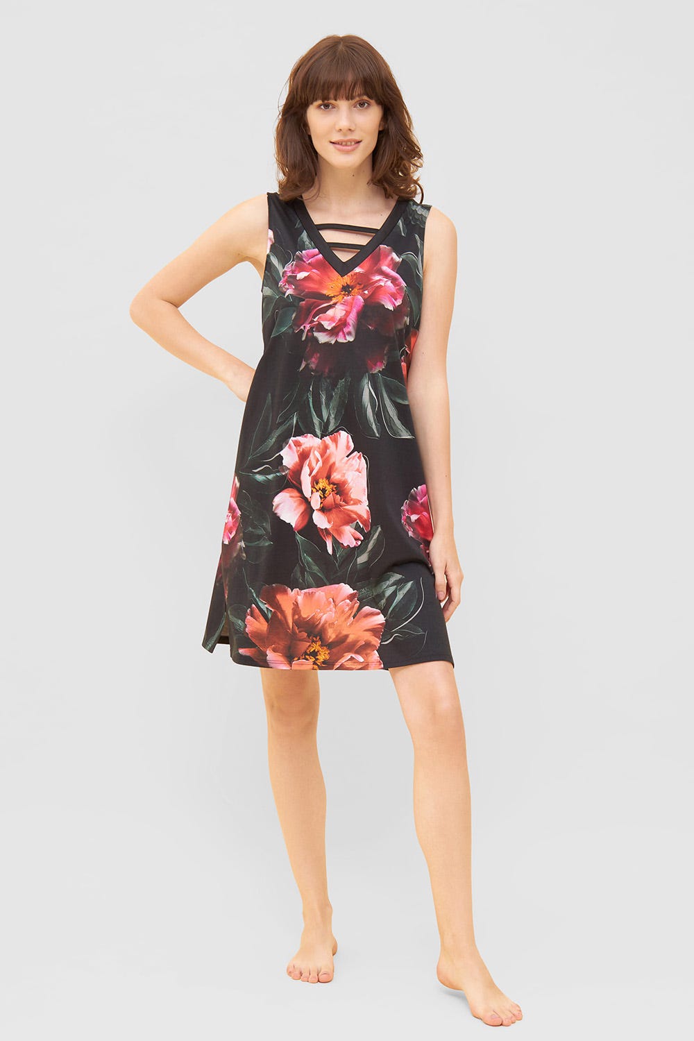 Frontalbild von Nachtkleid im eleganten Blumendruck V-Ausschnitt Ärmellos Baumwolle/Modal