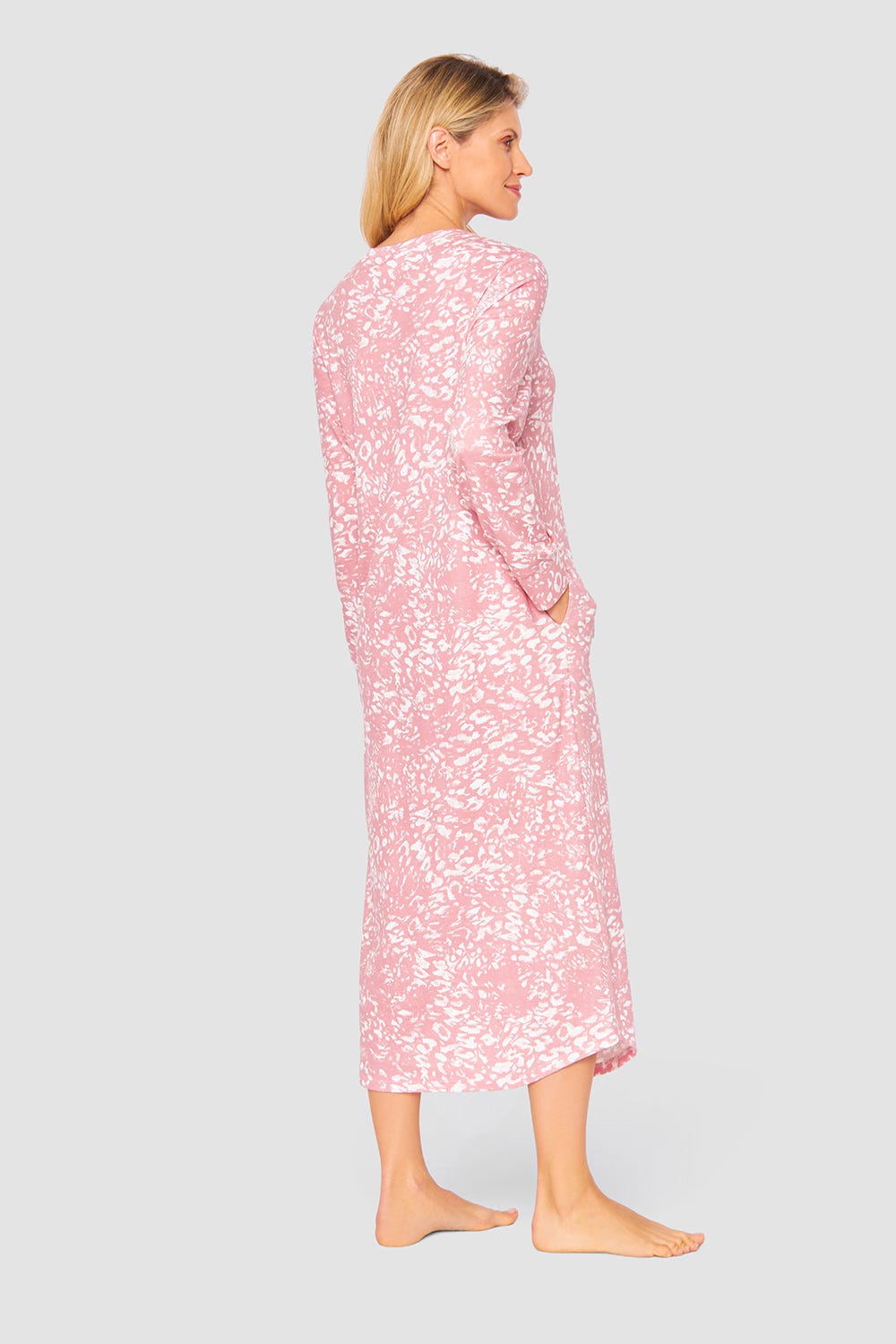 Rückansicht von Nachtkleid im rosa Druck-Mix angerauht kuschelig Maxi 100% Baumwolle