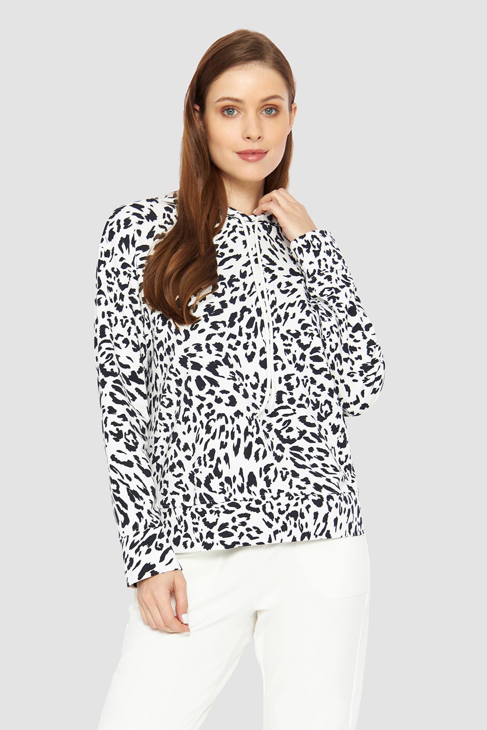 Frontalbild von Pullover im Leo-Muster Kapuze Baumwolle/Elasthan