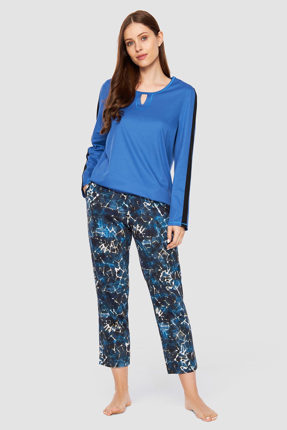 Detailbild 1 von 7/8-Hose im blauen grafischen Druck Ziernähte Baumwolle/Modal Große Größen bis 54