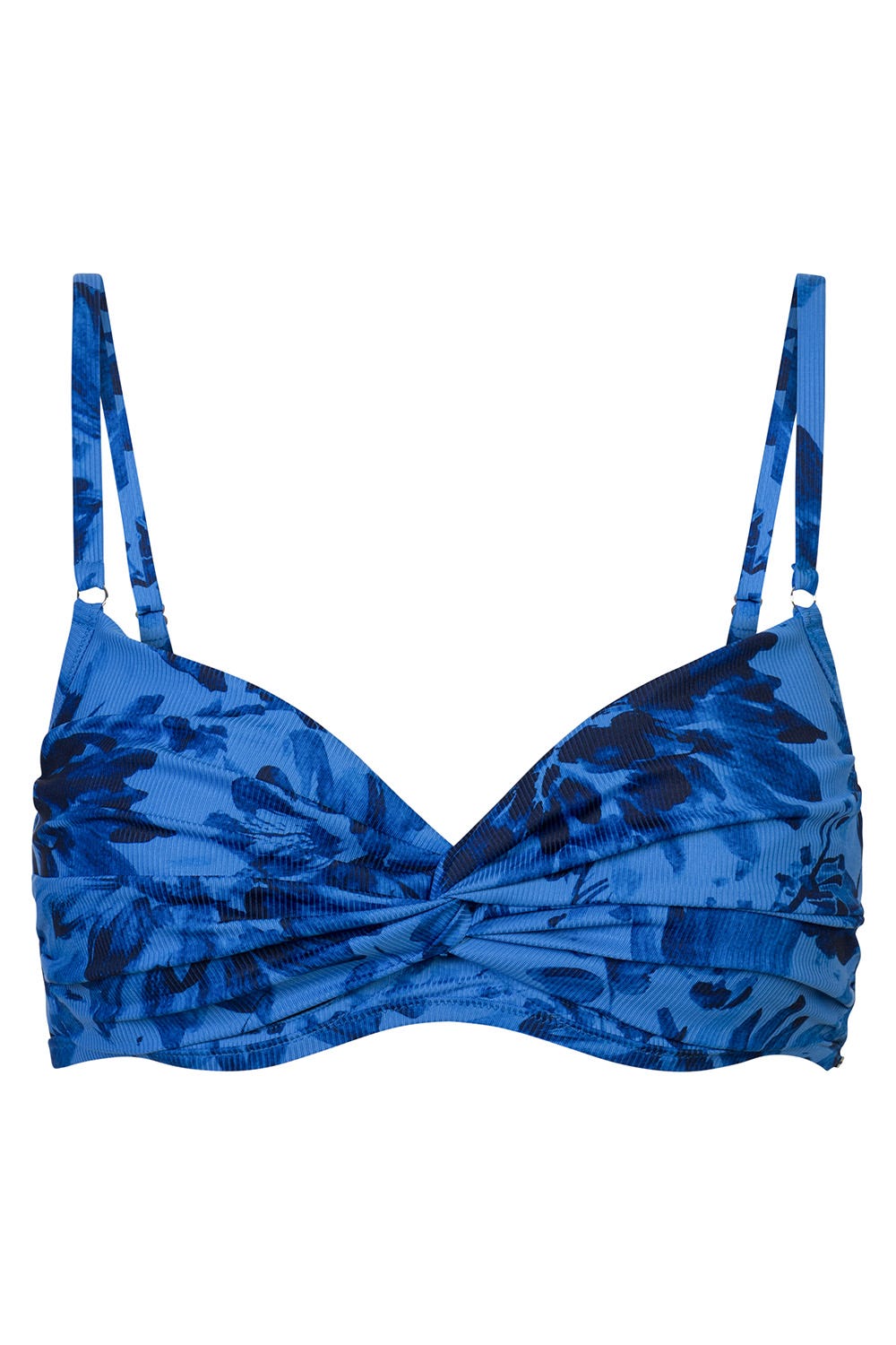 Hollowbild von Bikini Oberteil im blauen Blüten-Druck Wickeloptik recyceltes Polyester/Elasthan