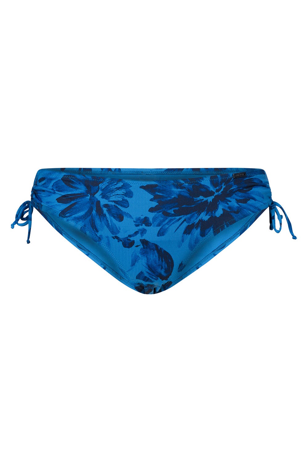 Frontalbild von Bikini Hose im blauen Blüten-Druck Bänder recyceltes Polyester/Elasthan