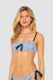 Frontalbild von Bandeau Bikini Oberteil im Streifen-Druck Schleife Ripp recyceltes Polyester/Elasthan