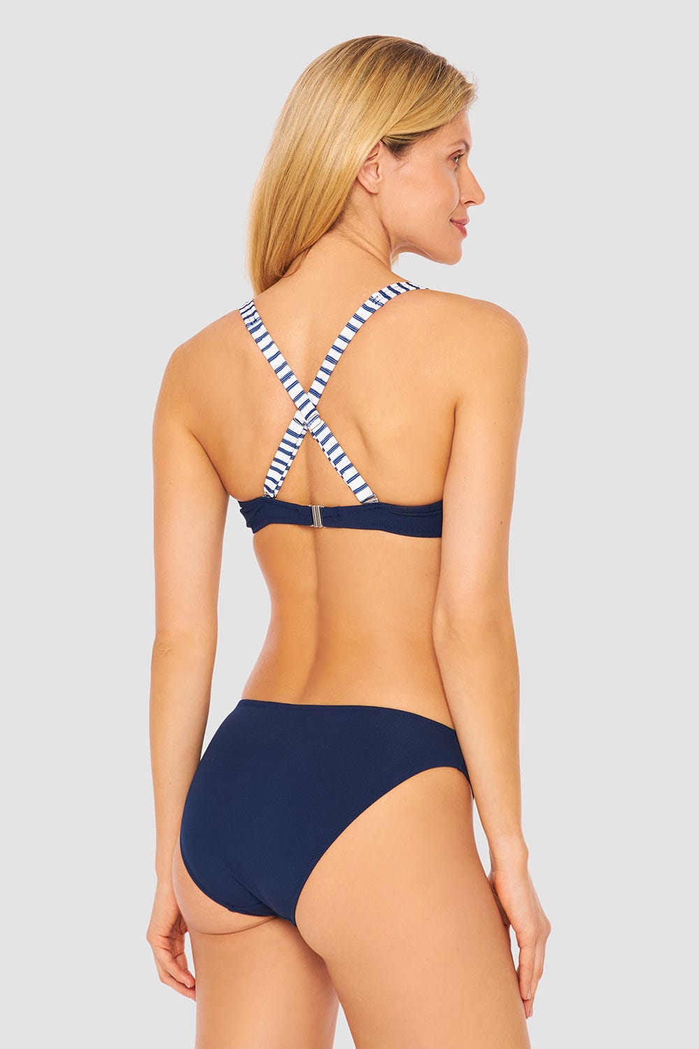 Rückansicht von Bikini Oberteil mit Streifen-Details Ripp überkreuzt recyceltes Polyester/Elasthan
