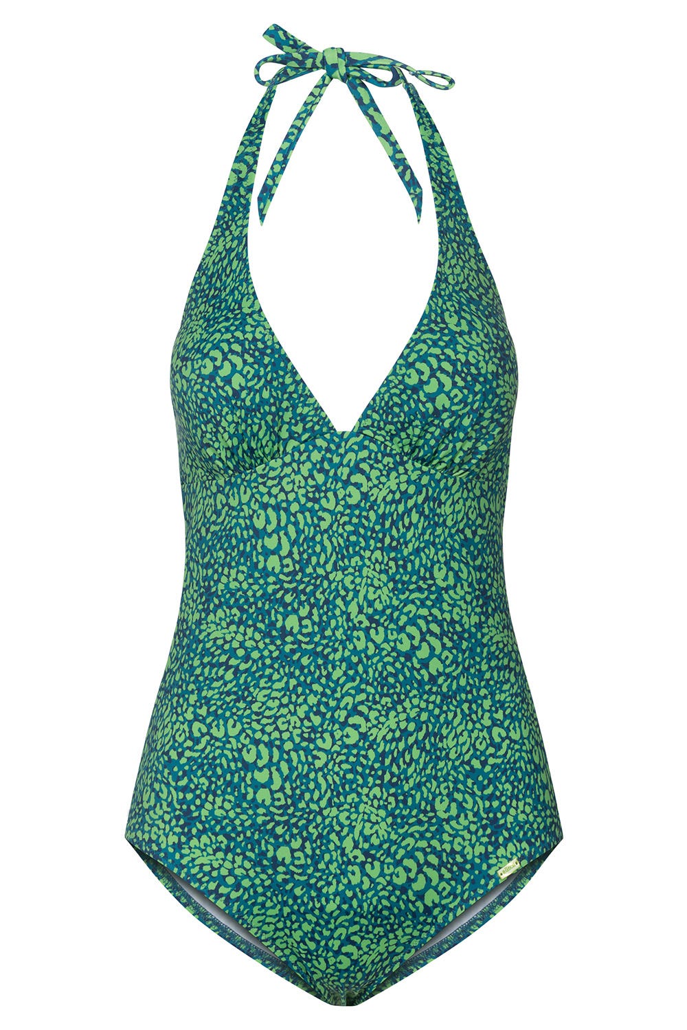 Hollowbild von Neckholder-Badeanzug im Leo-Druck Rückenausschnitt recyceltes Polyamid/Elasthan