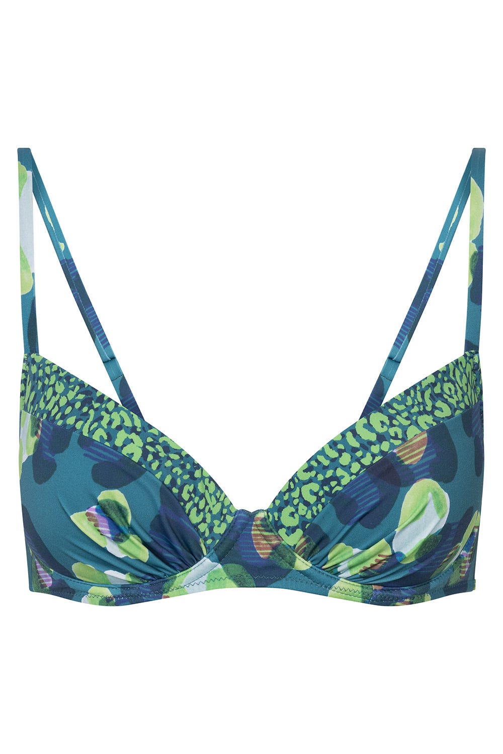 Hollowbild von Bikini-Oberteil im Leo-Druck-Mix Petrol recyceltes Polyamid/Elasthan