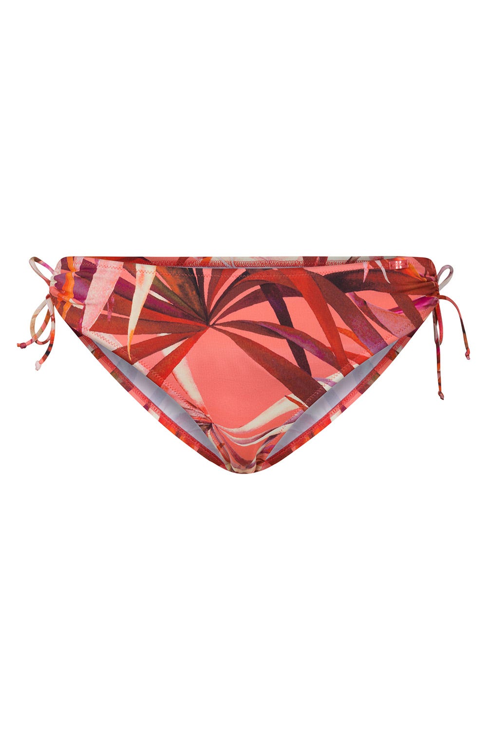 Frontalbild von Bikini-Hose im bunten Blätter-Druck Binde-Bänder recyceltes Polyamid/Elasthan