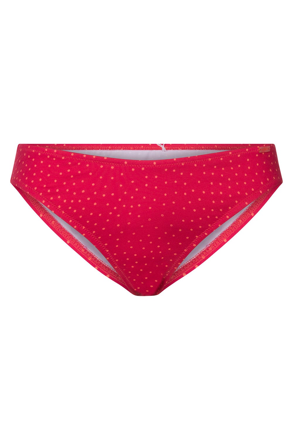 Frontalbild von Bikini-Hose im pinken Mini-Tupfen-Druck recyceltes Polyamid/Elasthan