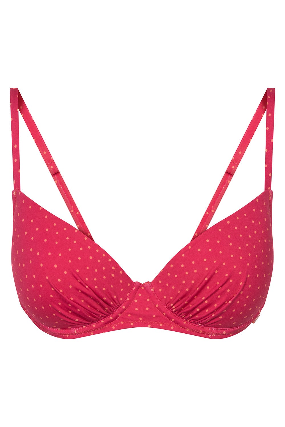 Hollowbild von Bikini-Oberteil im pinken Mini-Tupfen-Druck recyceltes Polyamid/Elasthan