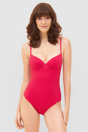 Frontalbild von Badeanzug im pinken Mini-Tupfen-Druck recyceltes Polyamid/Elasthan