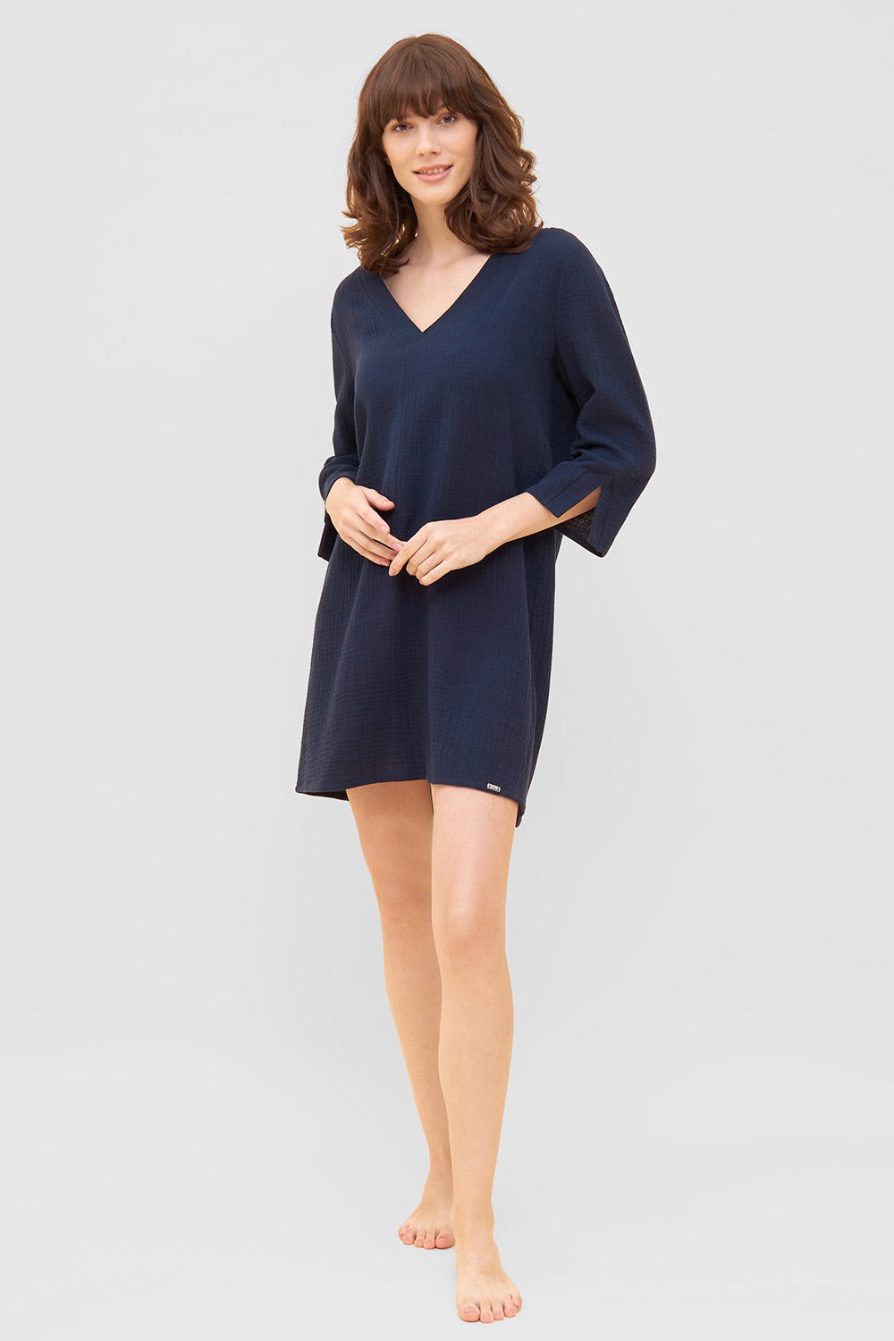 Frontalbild von Strandkleid aus Musselin Dunkelblau Sommer 3/4-Arm 100% Baumwolle