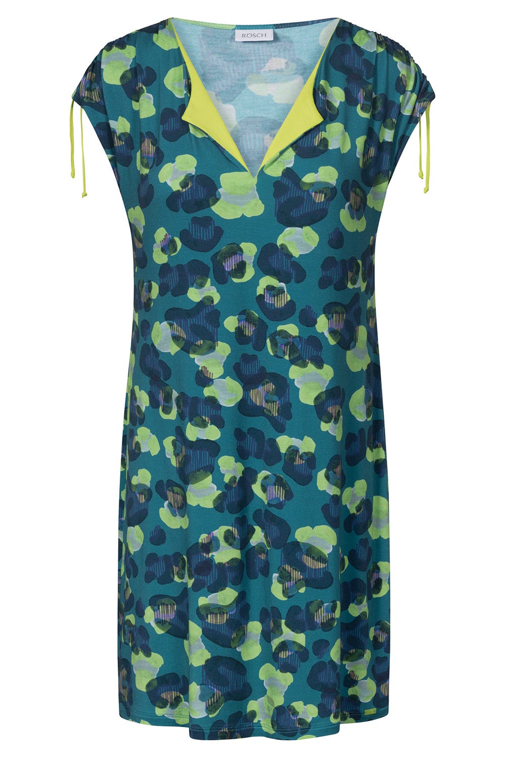Hollowbild von Strandkleid mit Raffungen im grünen Leo-Design Schlitz Viskose/Elasthan