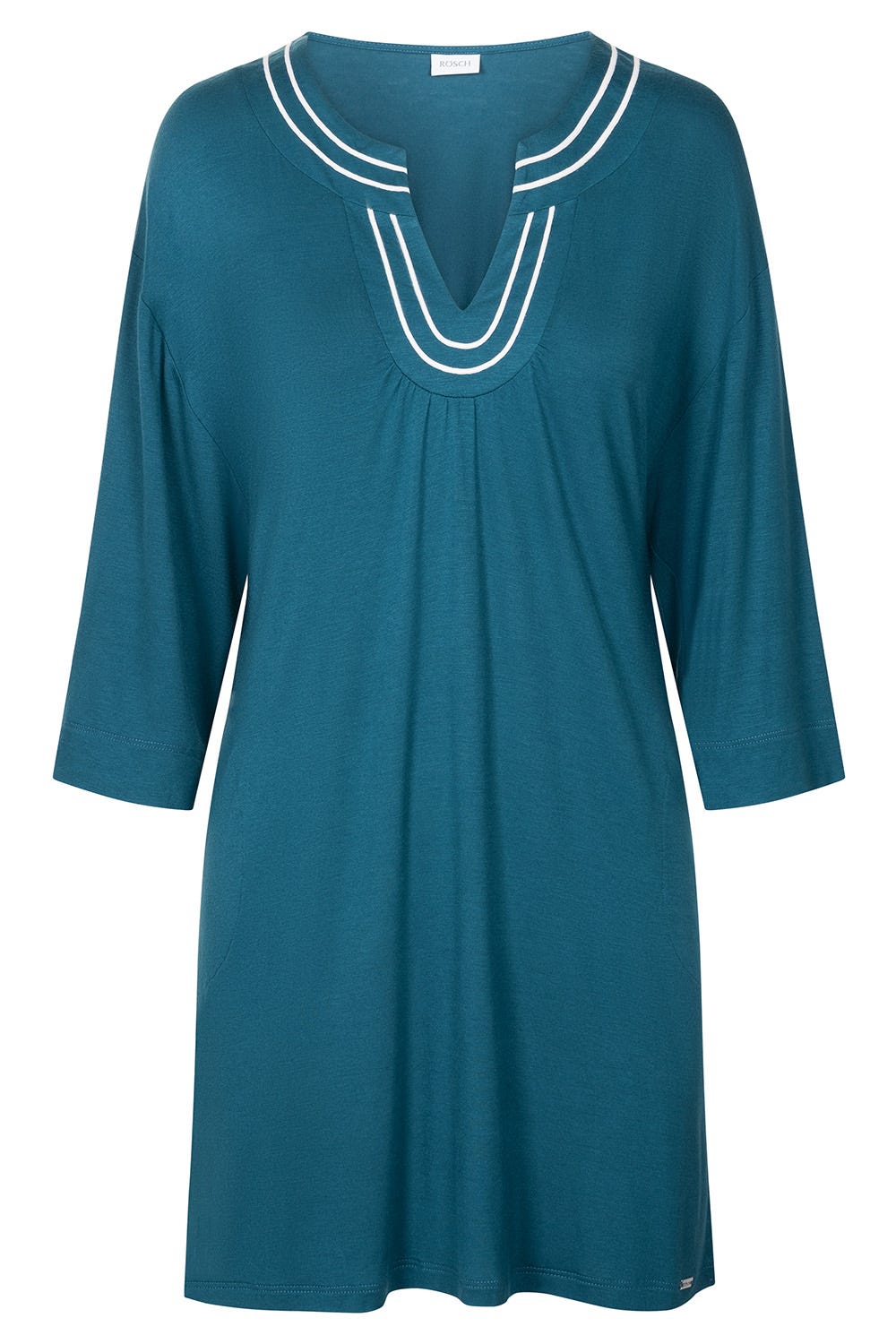 Hollowbild von Strandkleid mit Paspeln am Ausschnitt Petrol 3/4-Arm Viskose/Elasthan