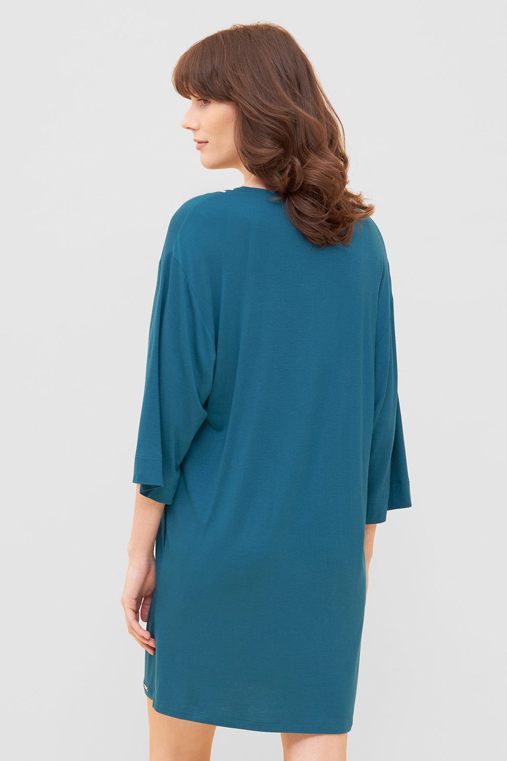 Rückansicht von Strandkleid mit Paspeln am Ausschnitt Petrol 3/4-Arm Viskose/Elasthan