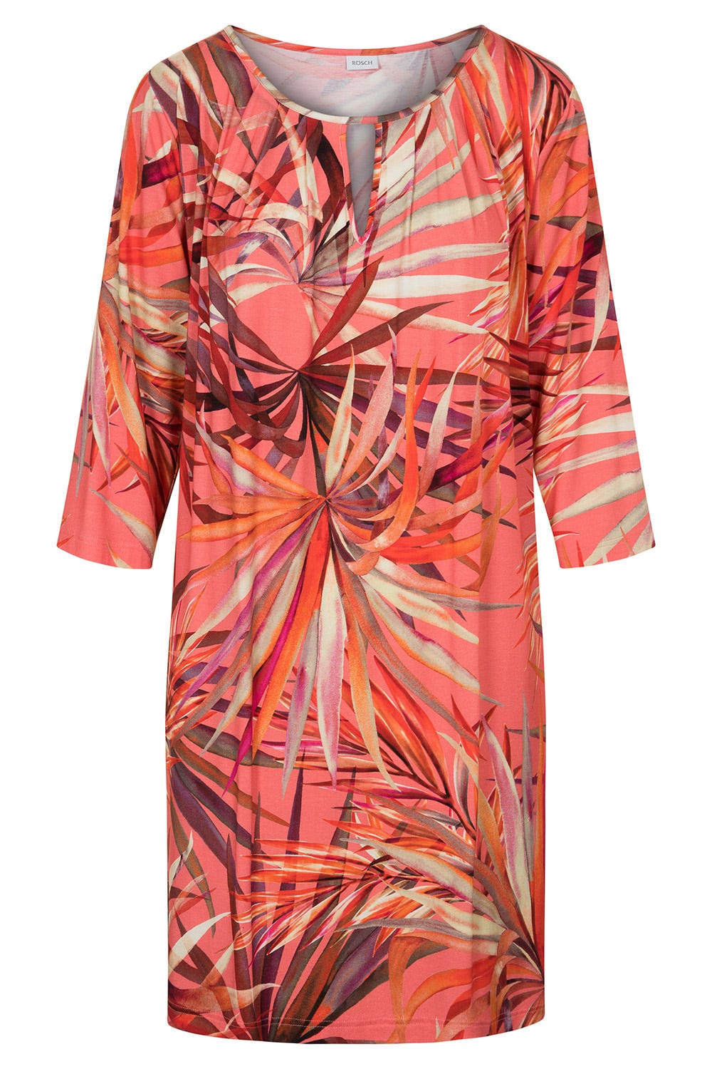 Hollowbild von Strandkleid im bunten Blätter-Druck 3/4-Arm Viskose/Elasthan