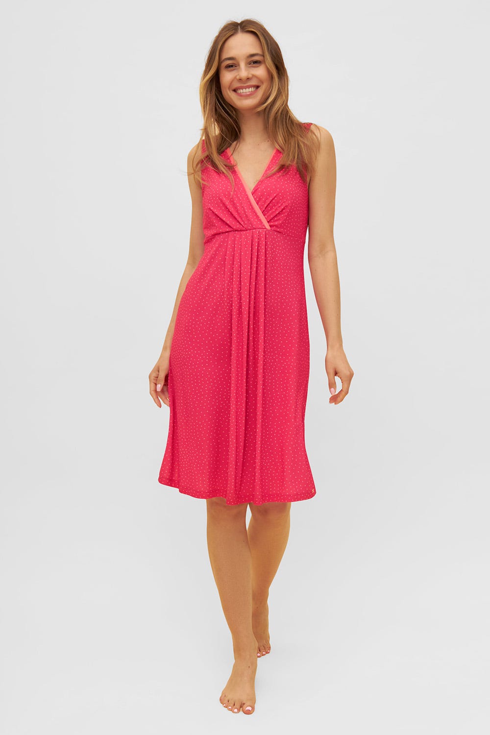 Frontalbild von Strandkleid mit Wickeloptik Tupfen-Druck Pink Viskose/Elasthan