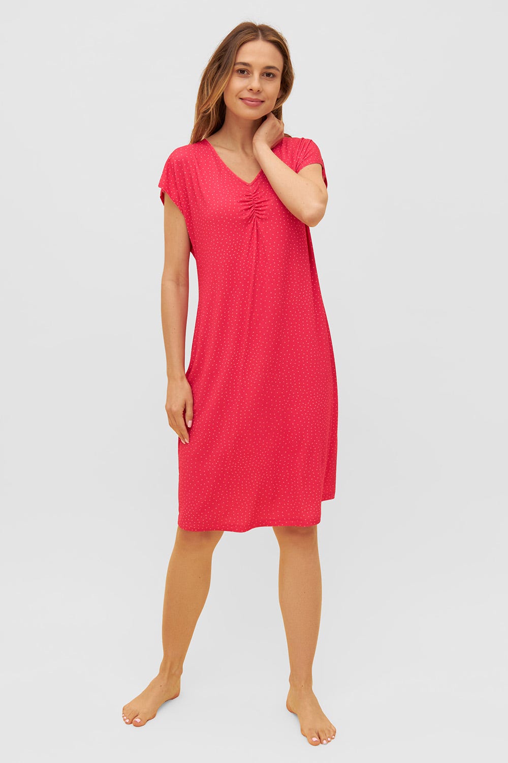 Frontalbild von Strandkleid mit Raffung Paspel Tupfen-Druck Pink Viskose/Elasthan