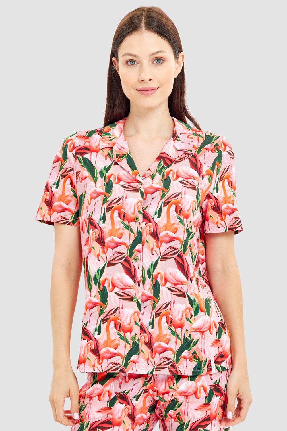 Frontalbild von Pyjamashirt im Flamingo-Druck Baumwolle/Elasthan