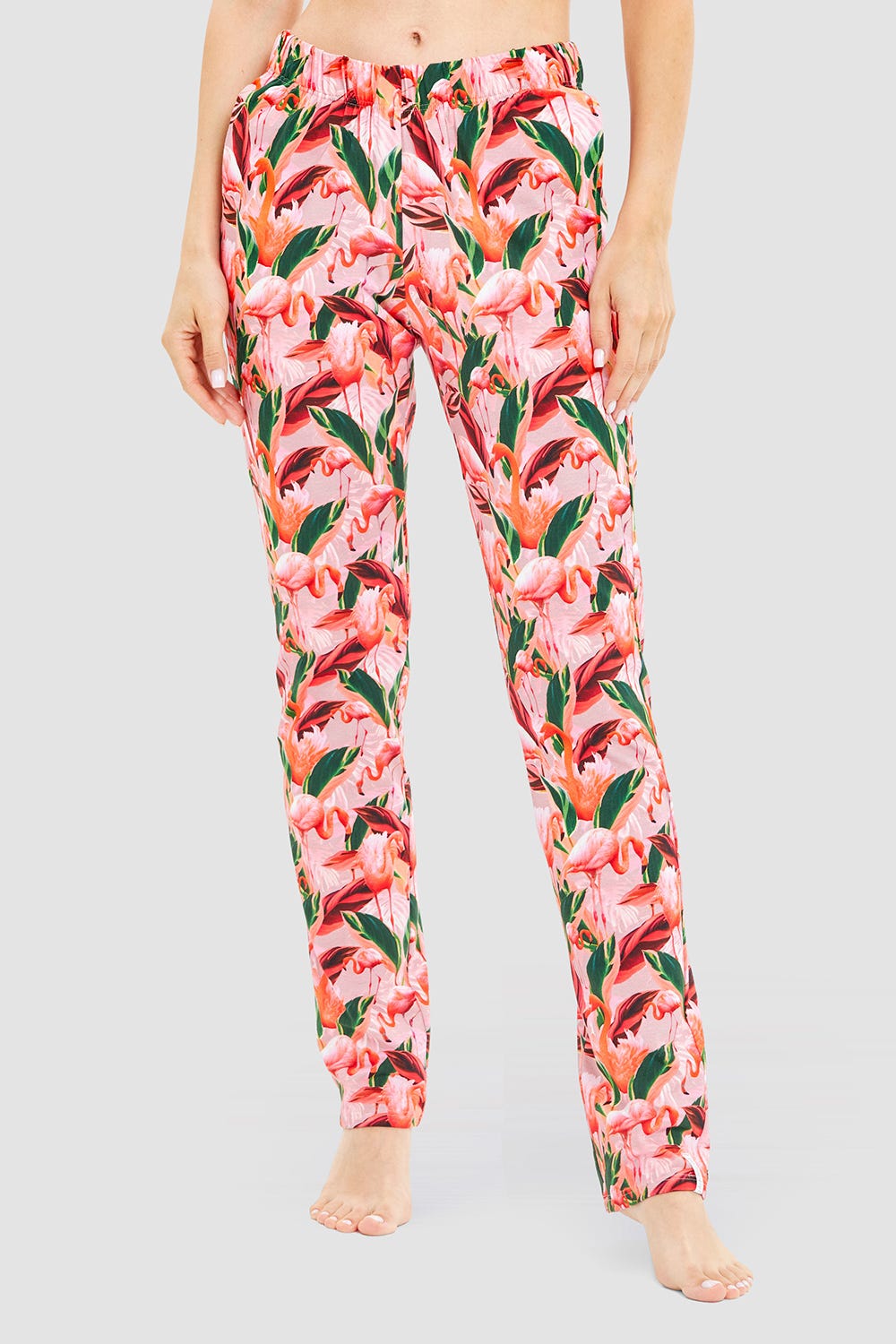 Frontalbild von Pyjamahose im Flamingo-Druck Baumwolle/Elasthan